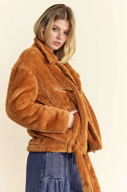 Fuzzy Zip Up Collared Neck Jacket, image 3