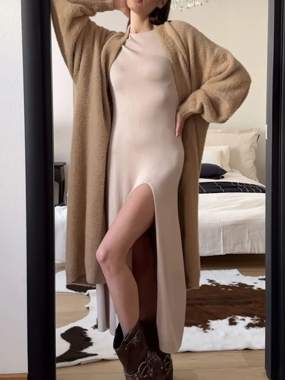 Side Slit Round Neck Long Sleeve Dress, image 7