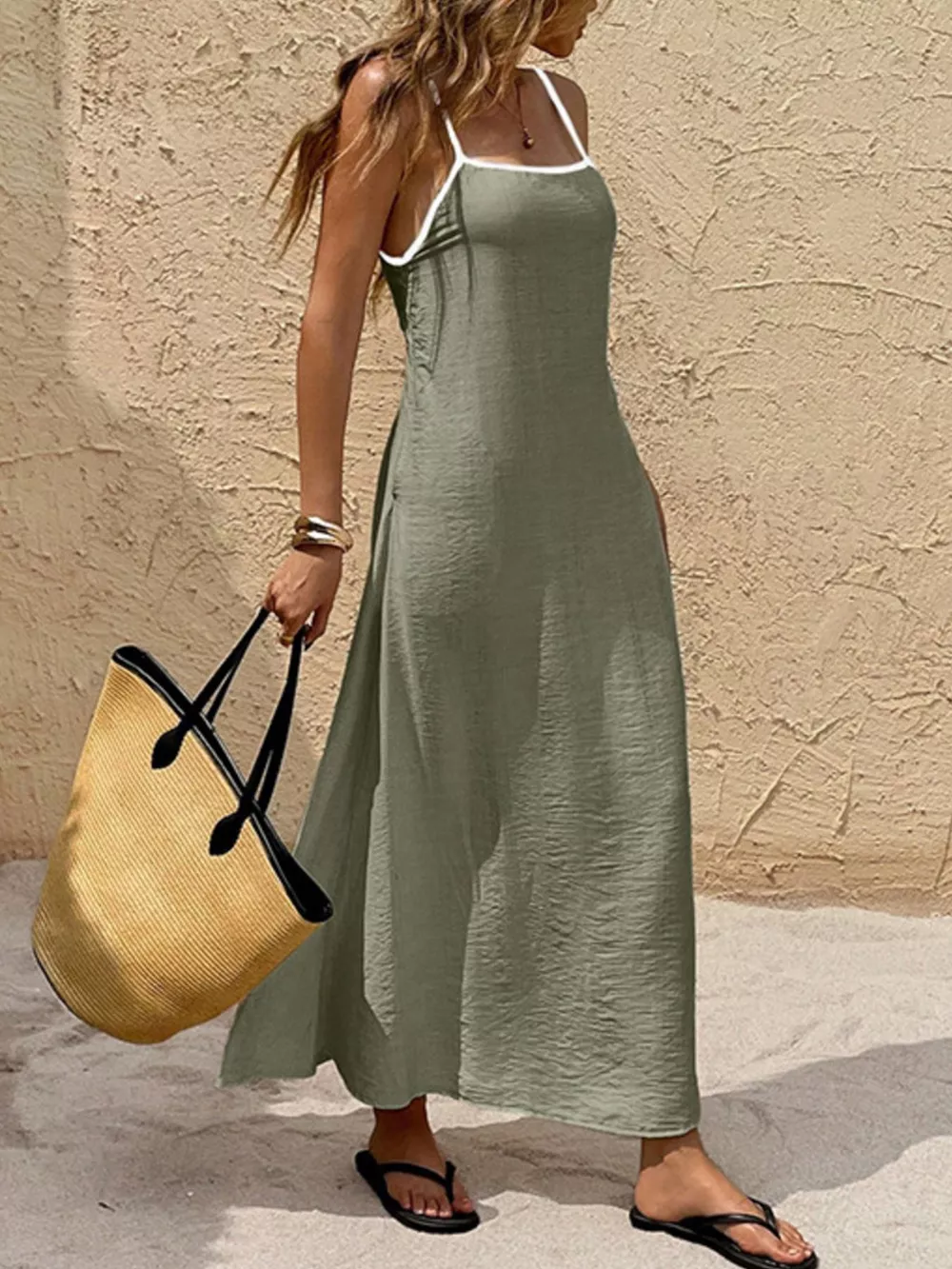 Spaghetti Strap Maxi Dress with Contrasting Trim, image 4