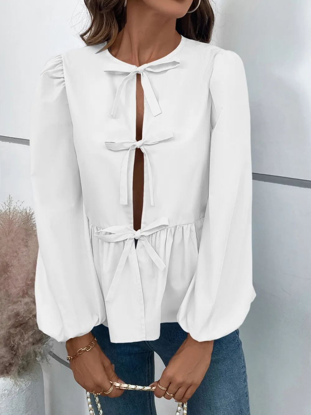 Peplum Tied Long Sleeve Blouse, image 4