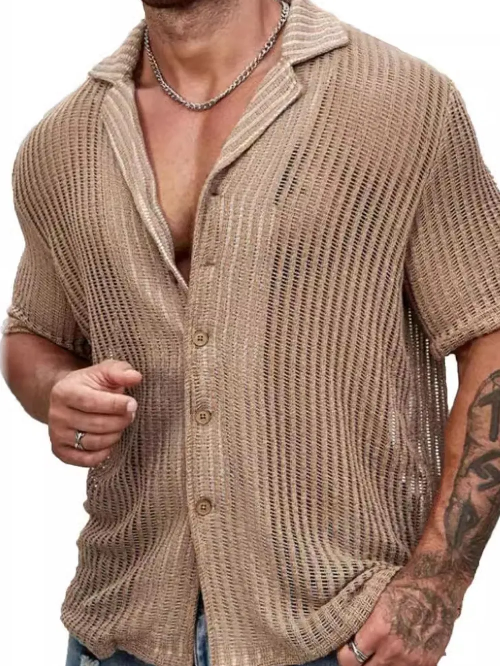 Men's Full Size Openwork Button Down Short Sleeve Shirt Plus Size, image 3