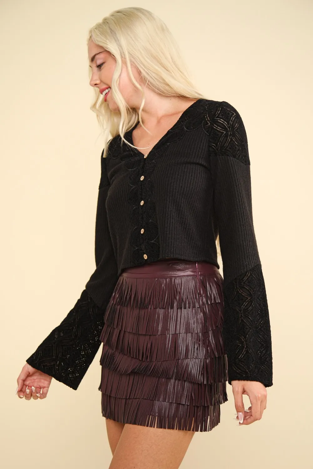 V-Neck Lace Detail Button Down Crop Ribbed Knit Top, image 3