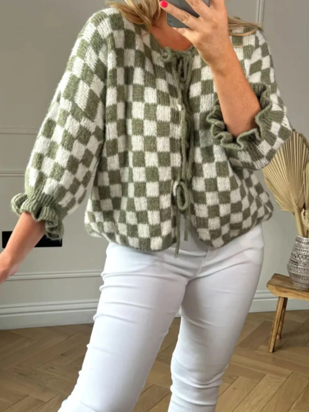 Checkered Tie-Front Knit Cardigan, image 2