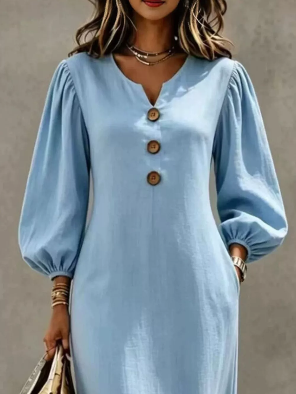 Decorative Button Balloon Sleeve Maxi Dress, image 14