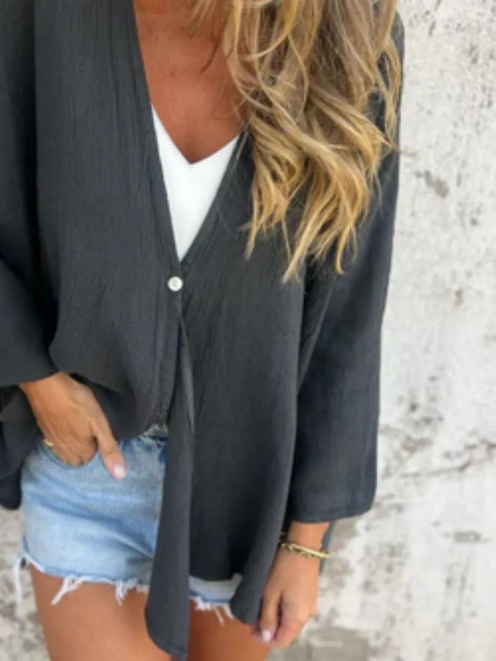 Full Size One Button Long Sleeve Shirt Plus Size, image 2
