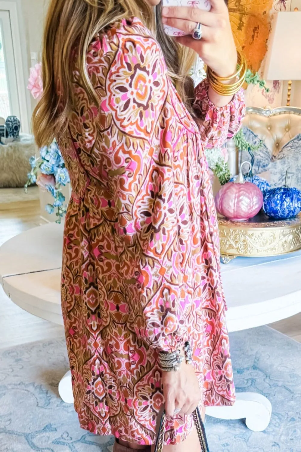 Printed Tie Neck Long Sleeve Mini Dress, image 3