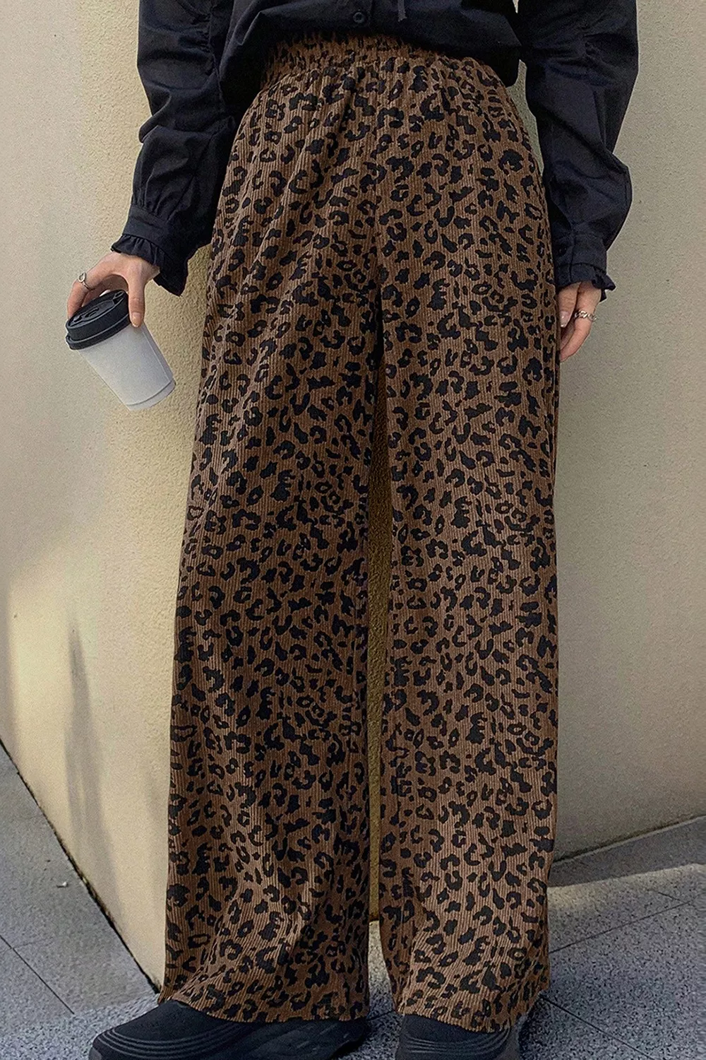 Leopard Print Elastic High Waist Loose Corduroy Pants, image 3
