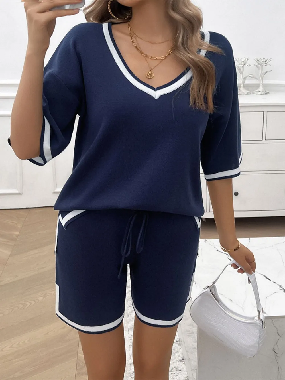 Contrast Trim V-Neck Top and Shorts Set, image 20