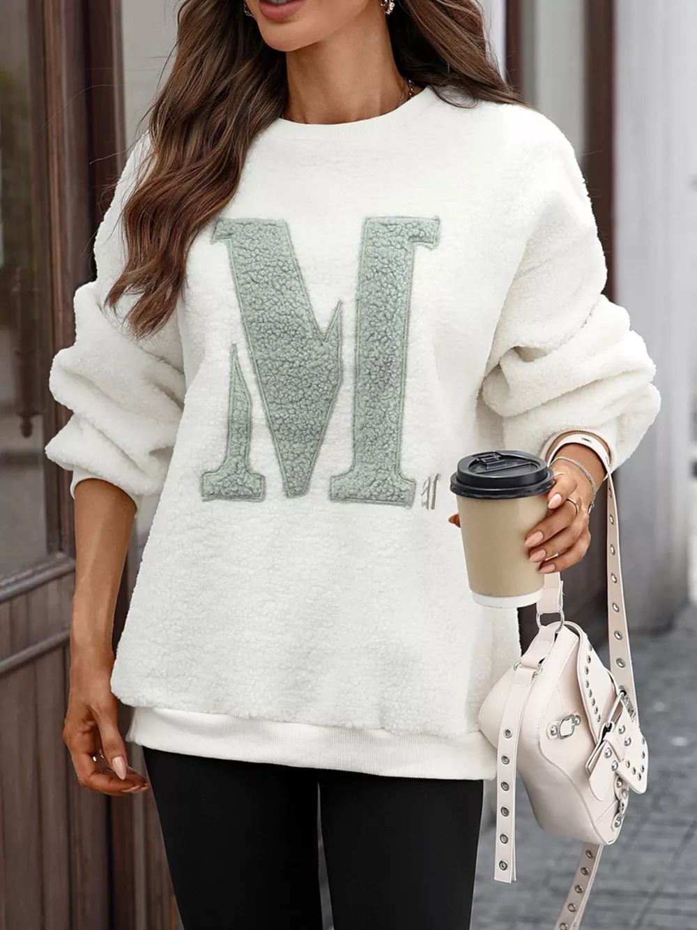 Letter Round Neck Fleece Sweatshirt, image 3