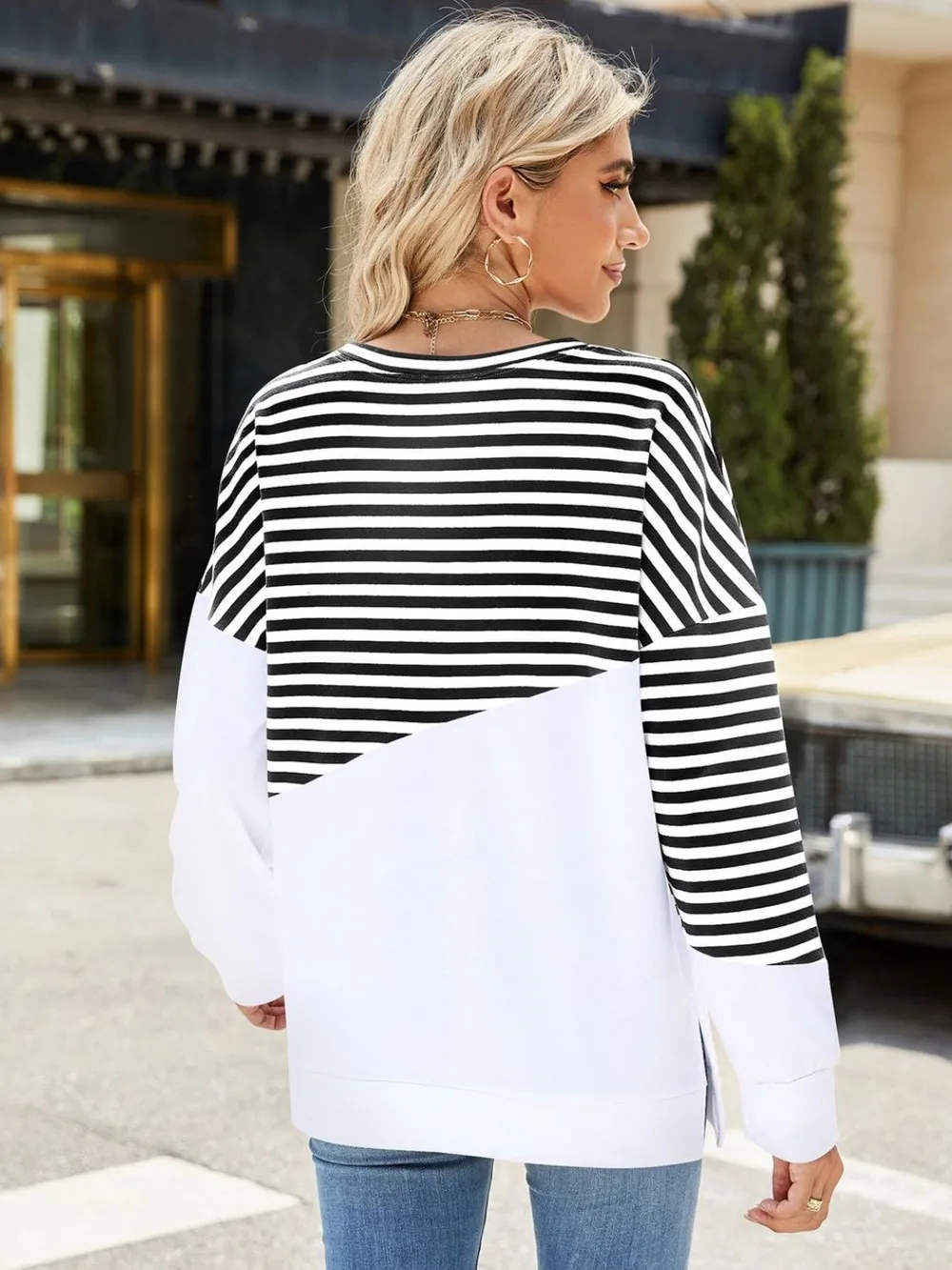Slit Contrast Striped Long Sleeve Sweatshirt, image 11