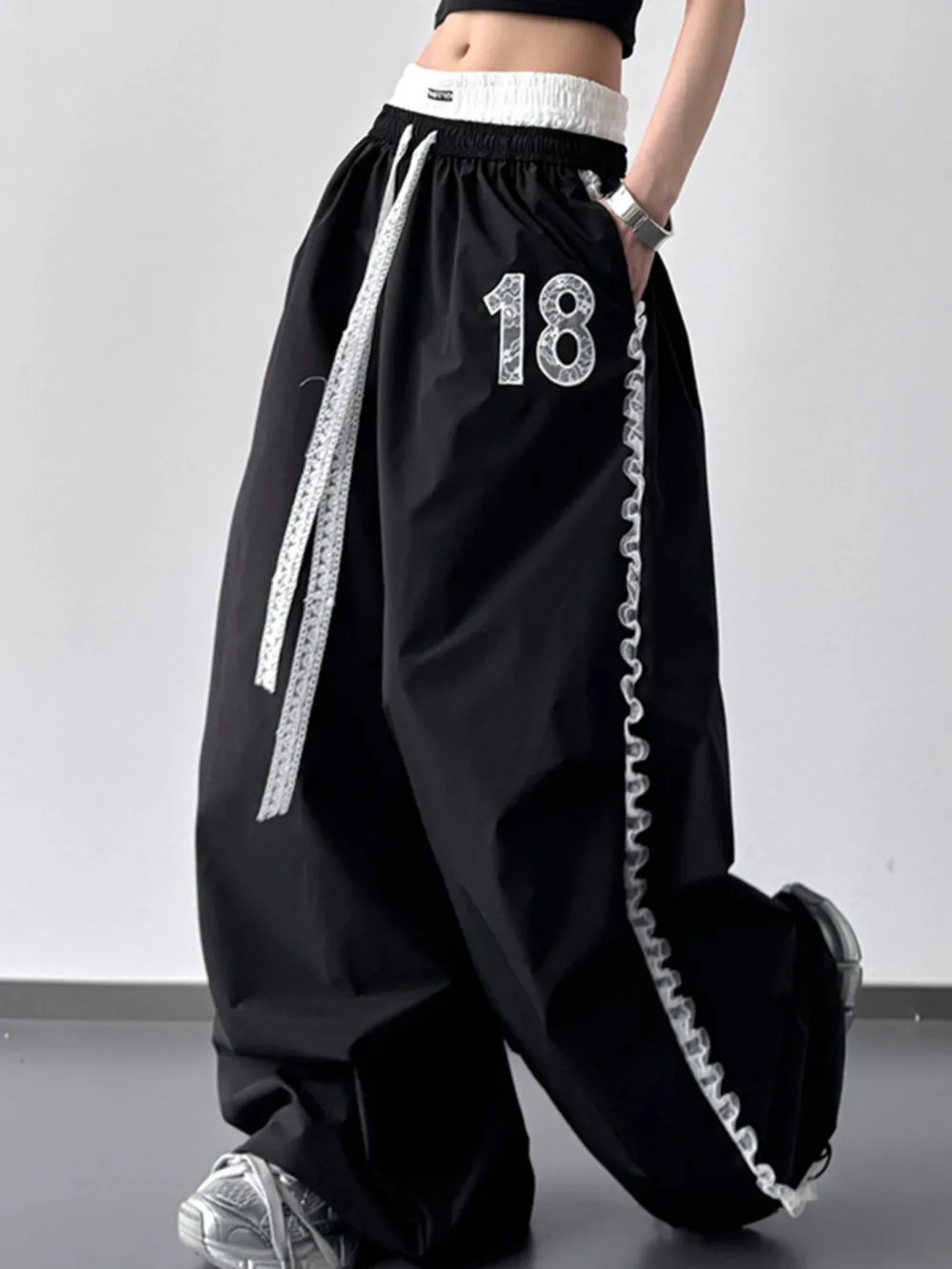 Lace Detail Drawstring Wide Leg Pants, image 3