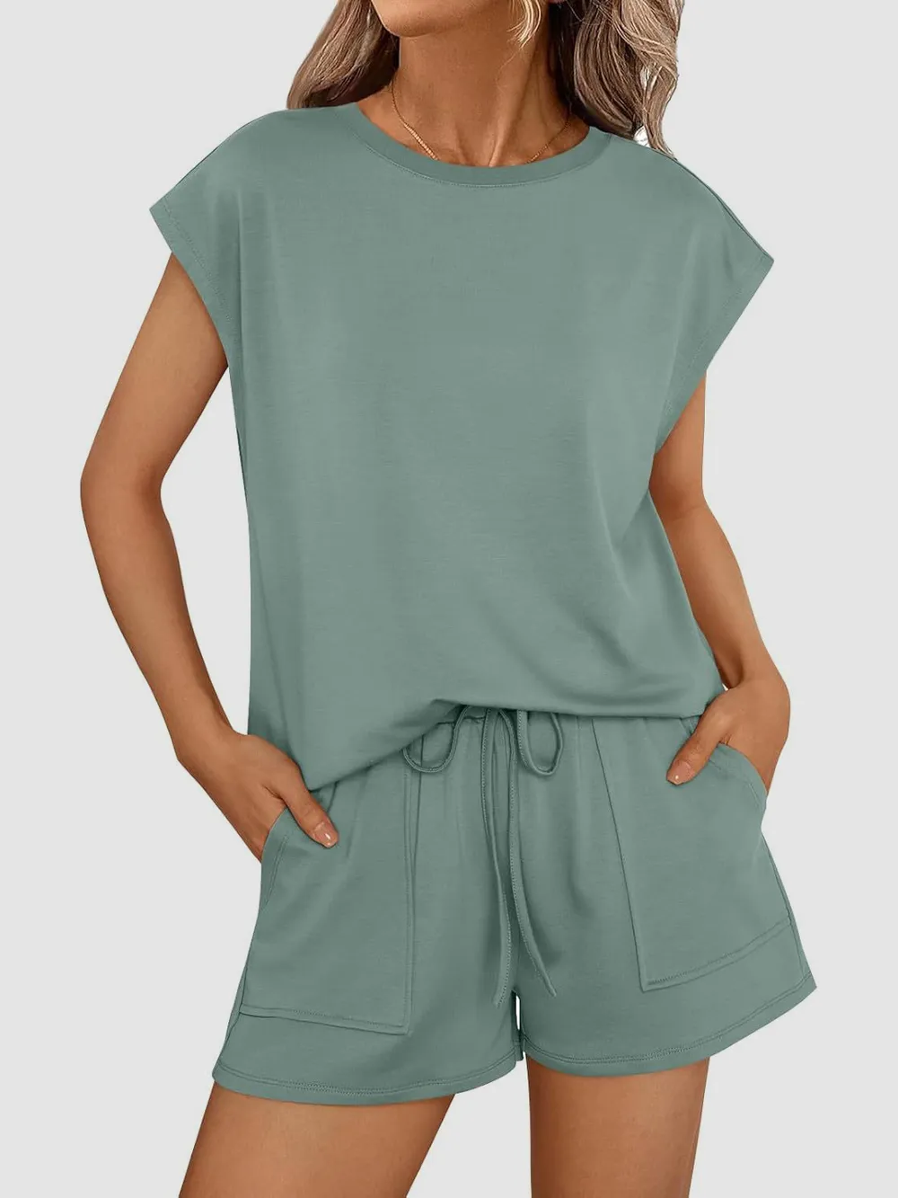 Round Neck Cap Sleeve Top and Shorts Set