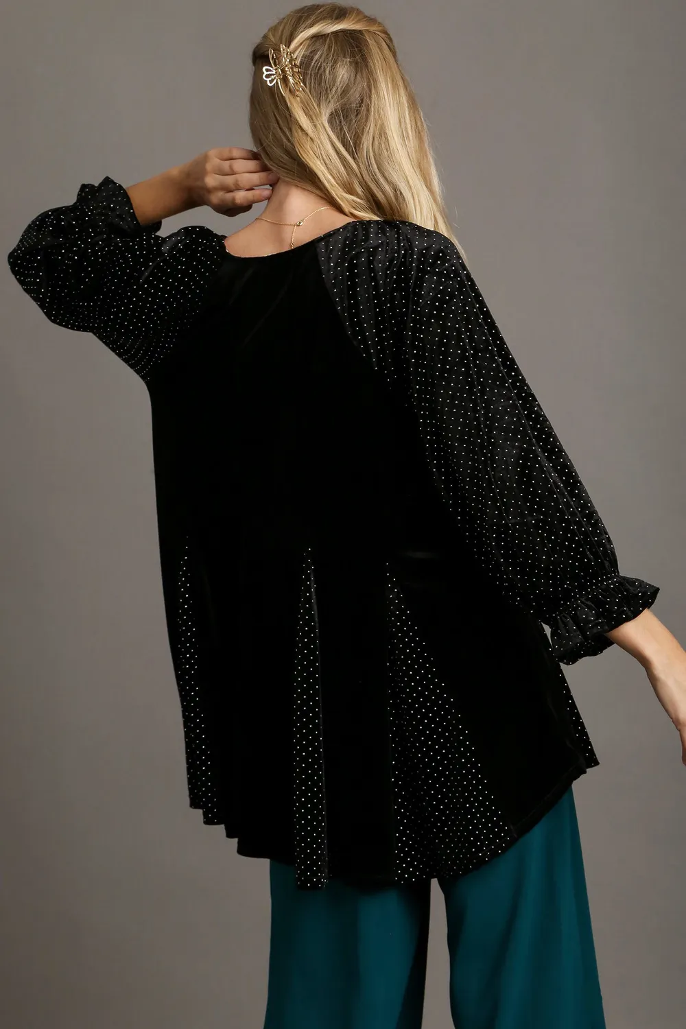 Godet Hem Polka Dot V-Neck Blouse, image 2