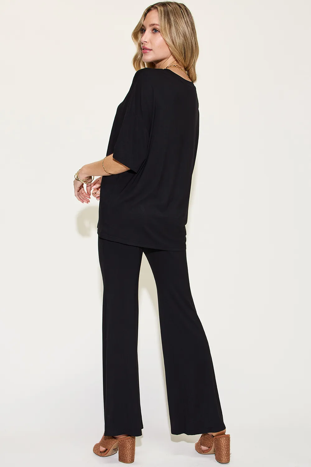 Full Size Bamboo Drop Shoulder T-Shirt and Flare Pants Set, image 2