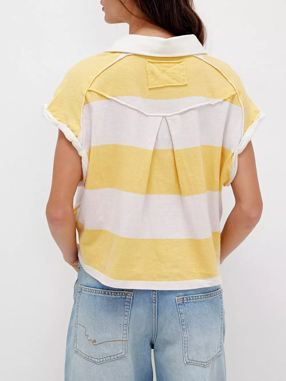 Half Button Striped Short Sleeve Cropped Polo Shirt, image 2