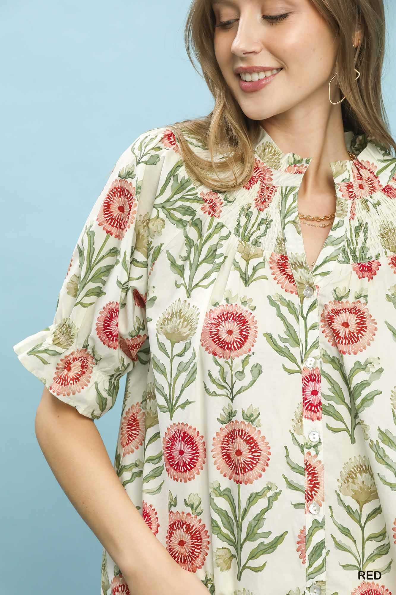 Floral Button-Front Short Sleeve Top, image 2