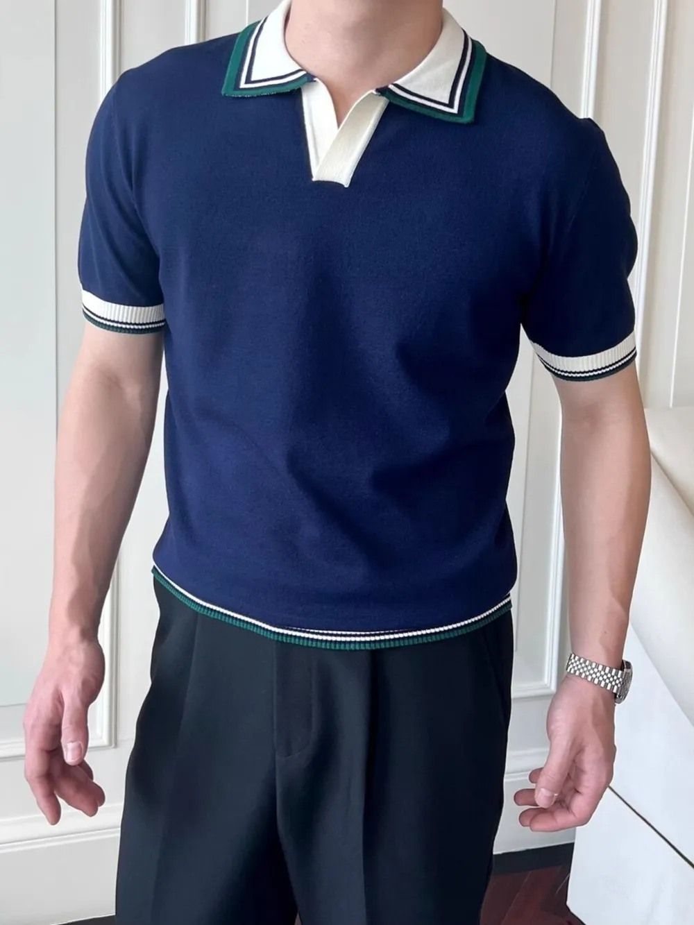 Men's Plus Size Classic Striped Collar Knit Polo Shirt