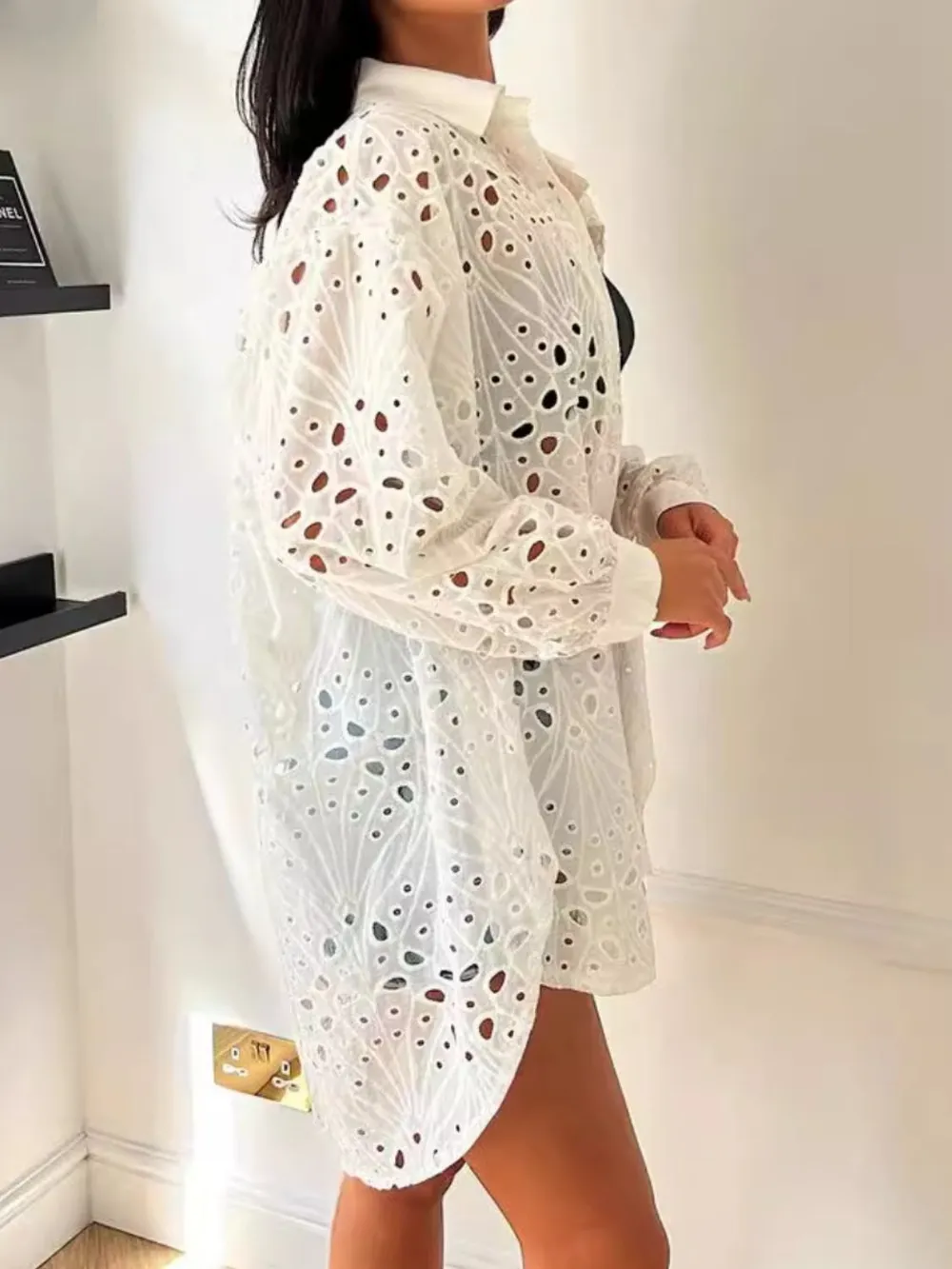 Cutout Collared Neck Long Sleeve Shirt, image 2