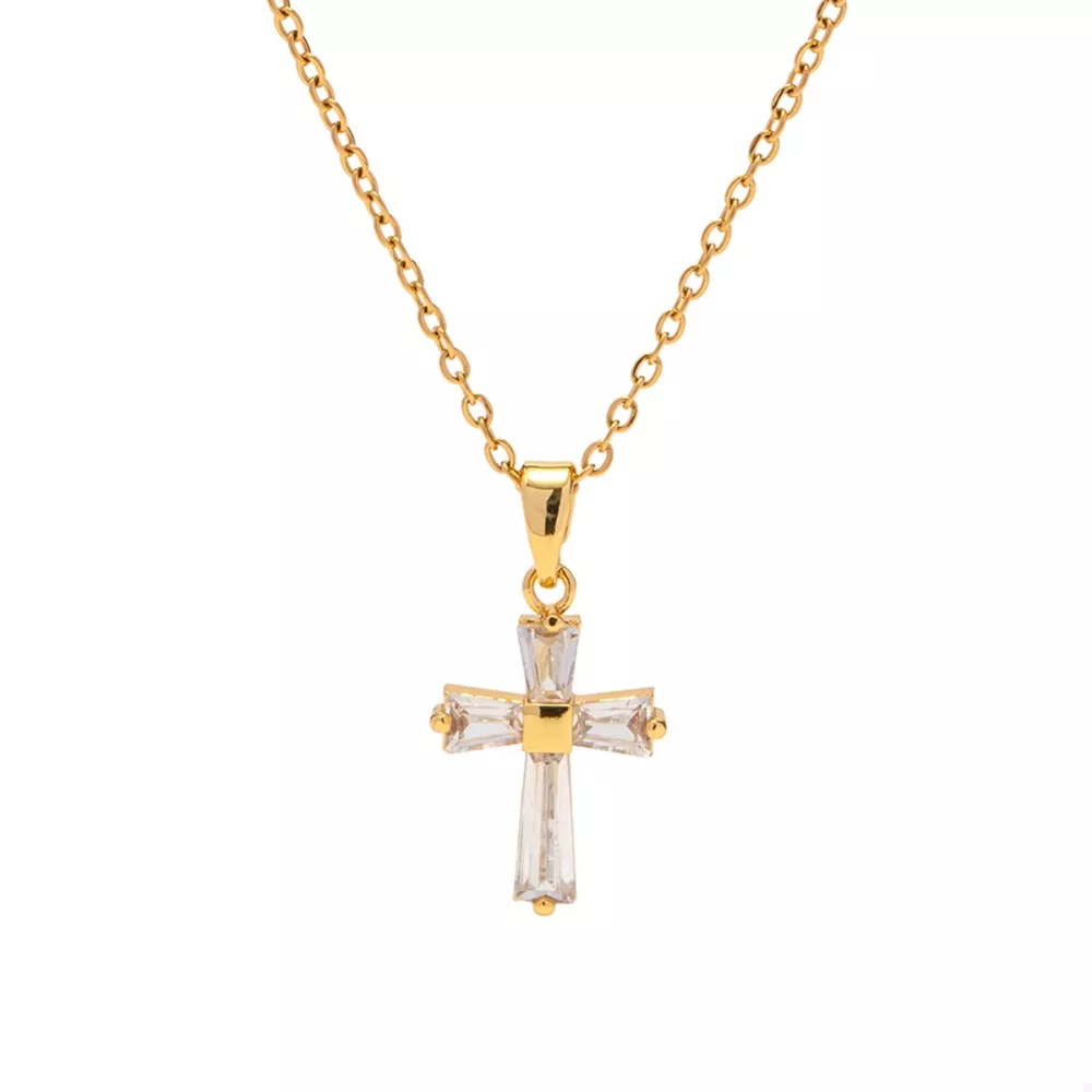 18K Gold-Plated Stainless Steel Zircon Cross Necklace, image 3