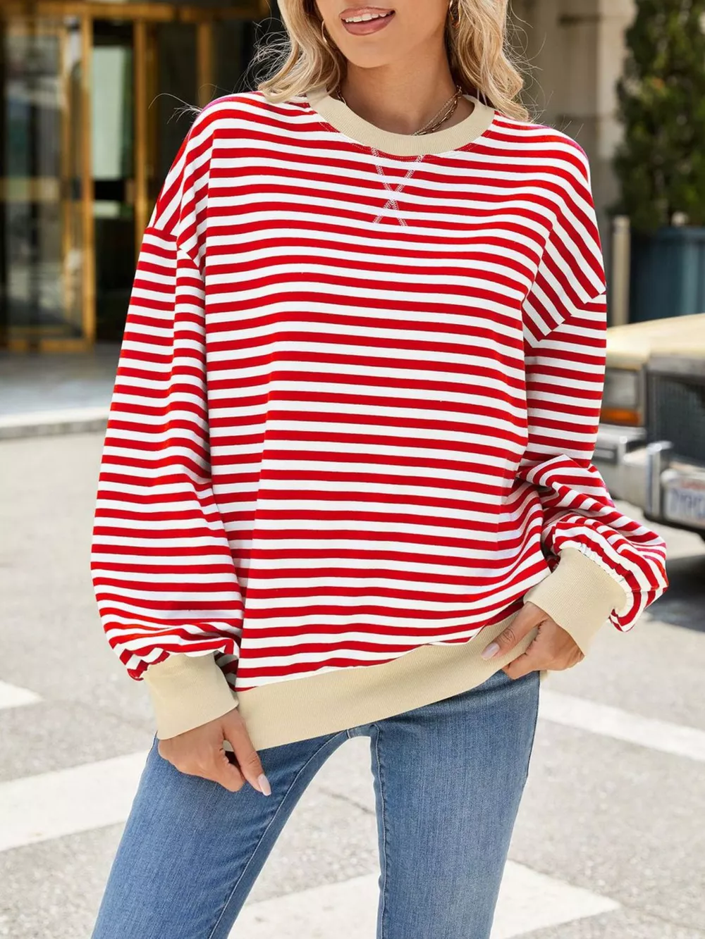 Striped Crew Neck Long Sleeve Sweatshirt, image 2
