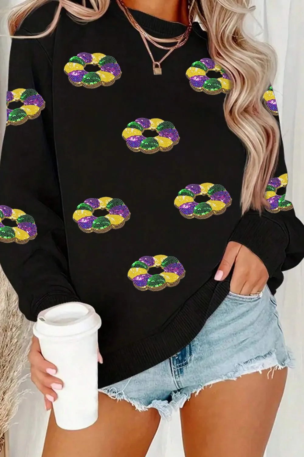 Sequin Round Neck Long Sleeve Sweatshirt, image 2