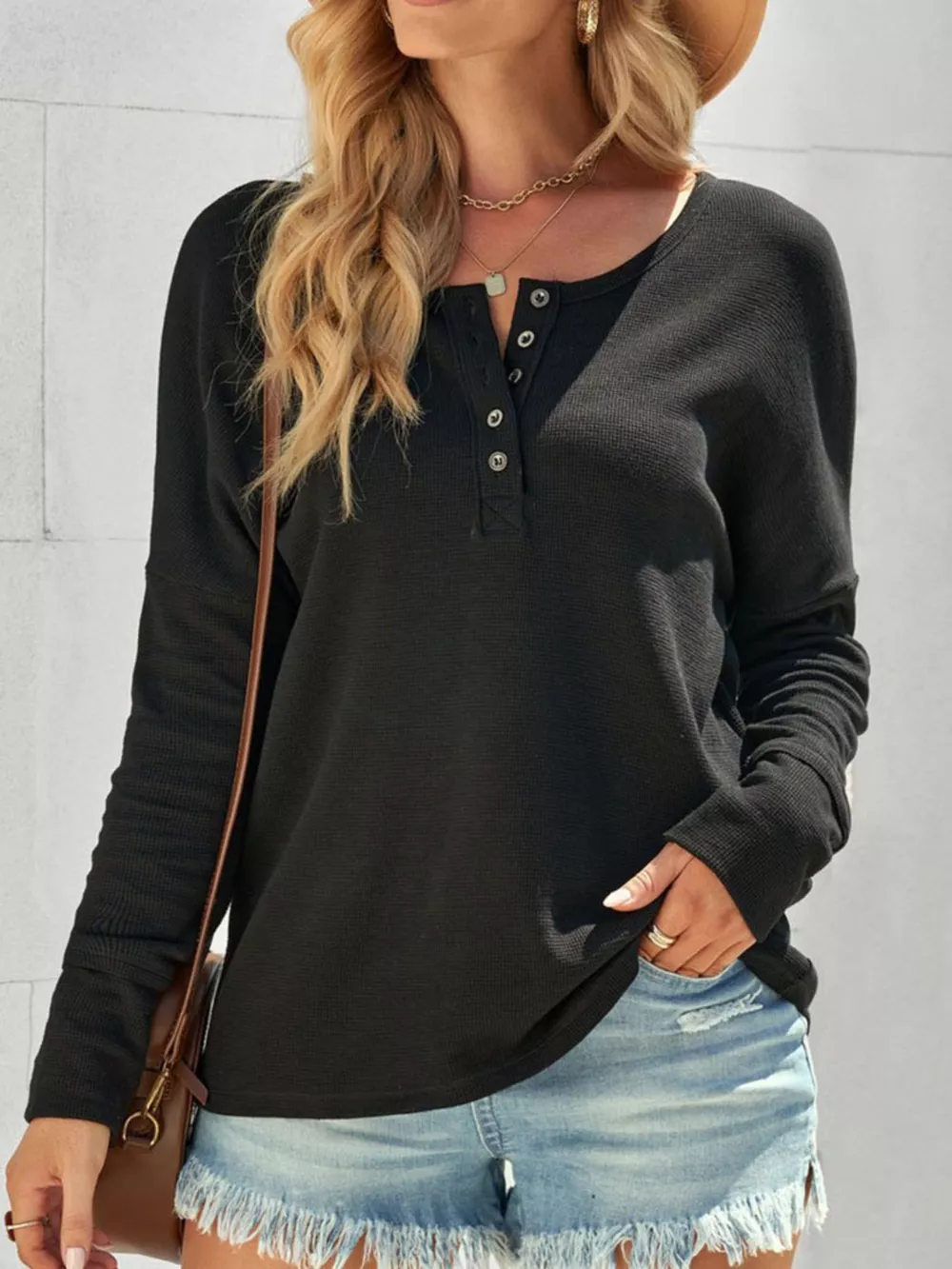 Waffle Knit Henley Top, image 2