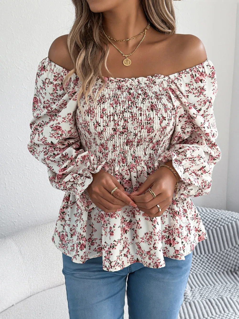 Floral Square Neck Flounce Sleeve Blouse, image 2