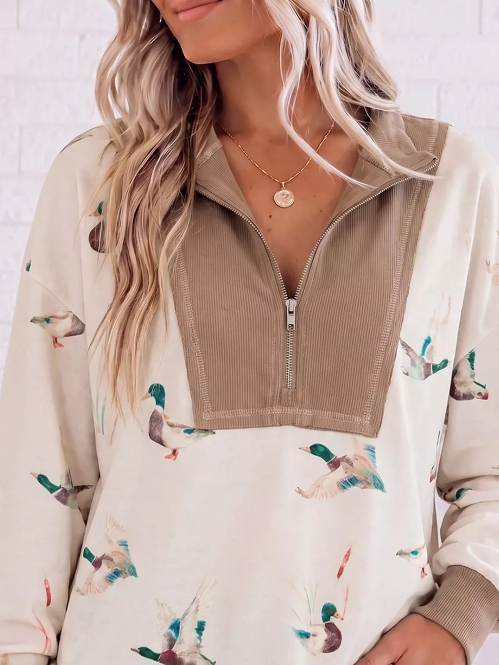 Quarter-Zip Duck Print Casual Sweatshirt, image 3