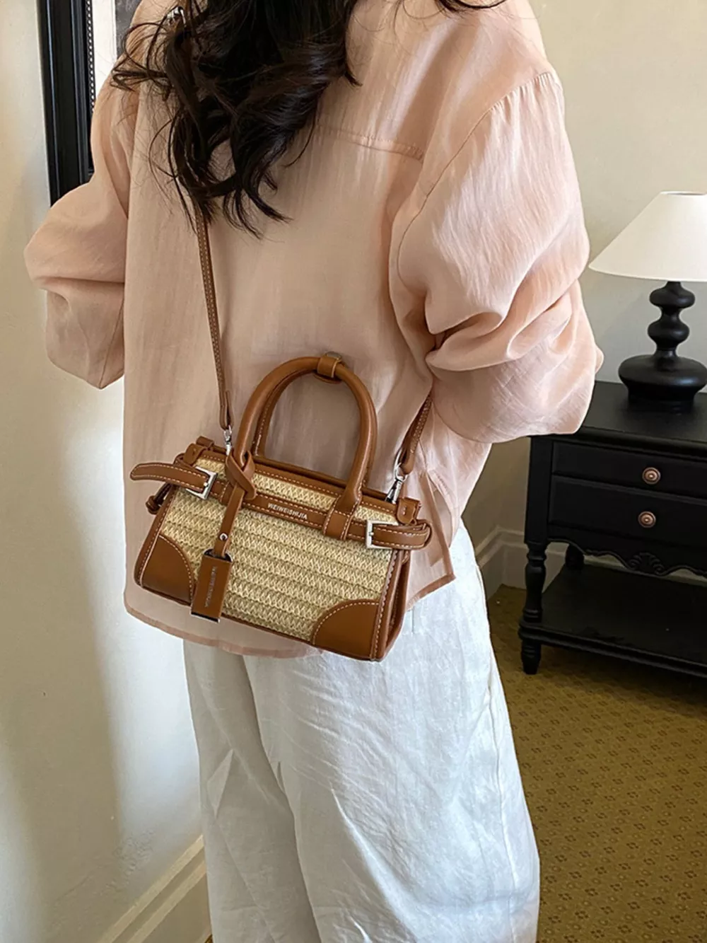 Leather Trim Woven Crossbody Bag, image 7