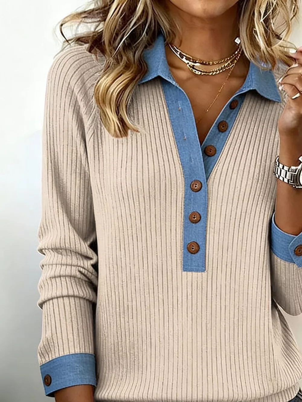 Full Size Half Button Ribbed Long Sleeve Knit Top Plus Size, image 8