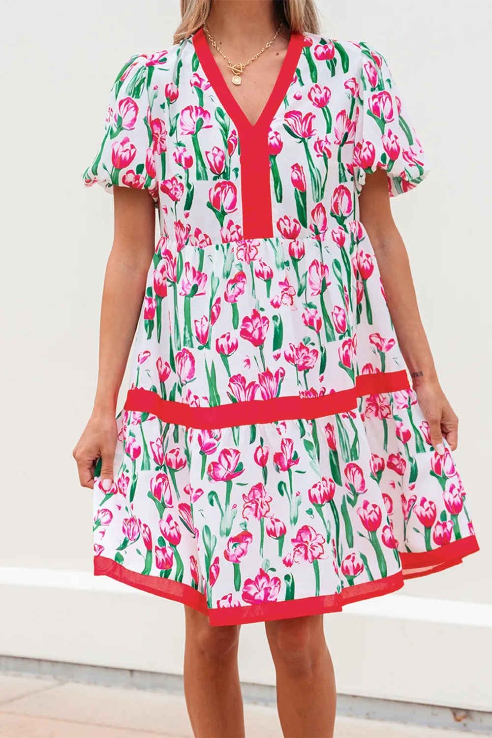 Floral Print Contrast Trim V Neck Bubble Short Sleeve Babydoll Dress, image 2