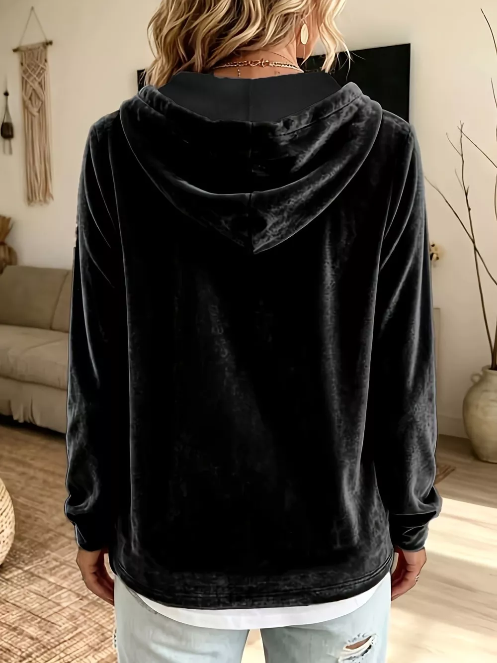 Full Size Drawstring Velvet Long Sleeve Hoodie Plus Size, image 4