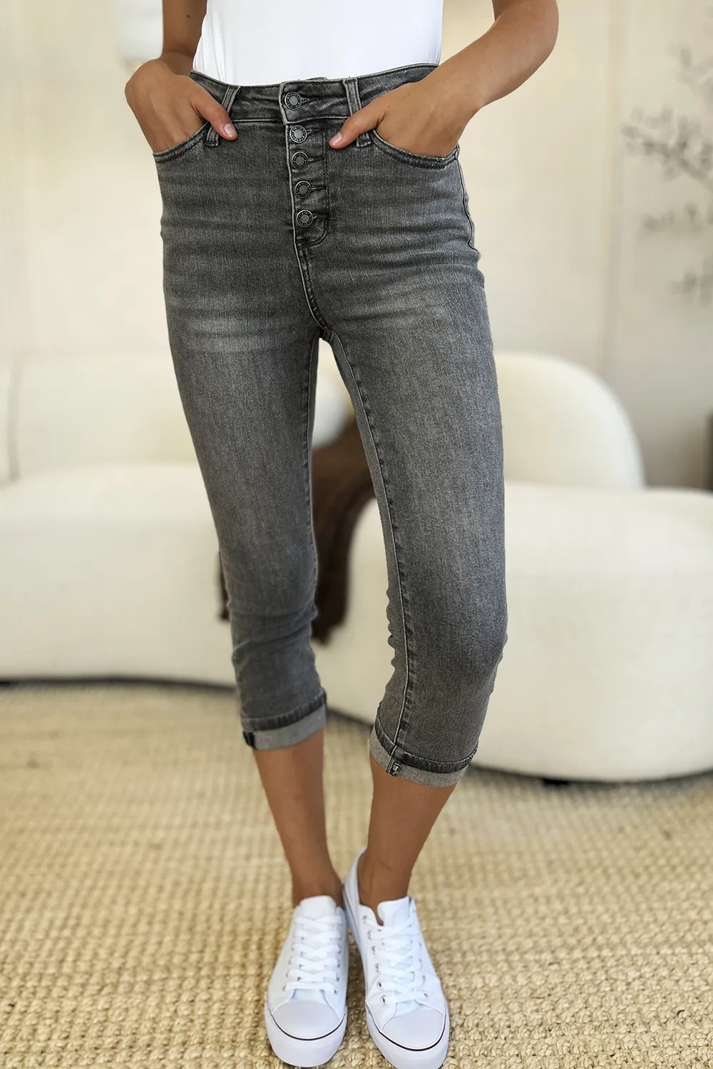 Full Size Button Fly High Waist Cuffed Capris, image 2