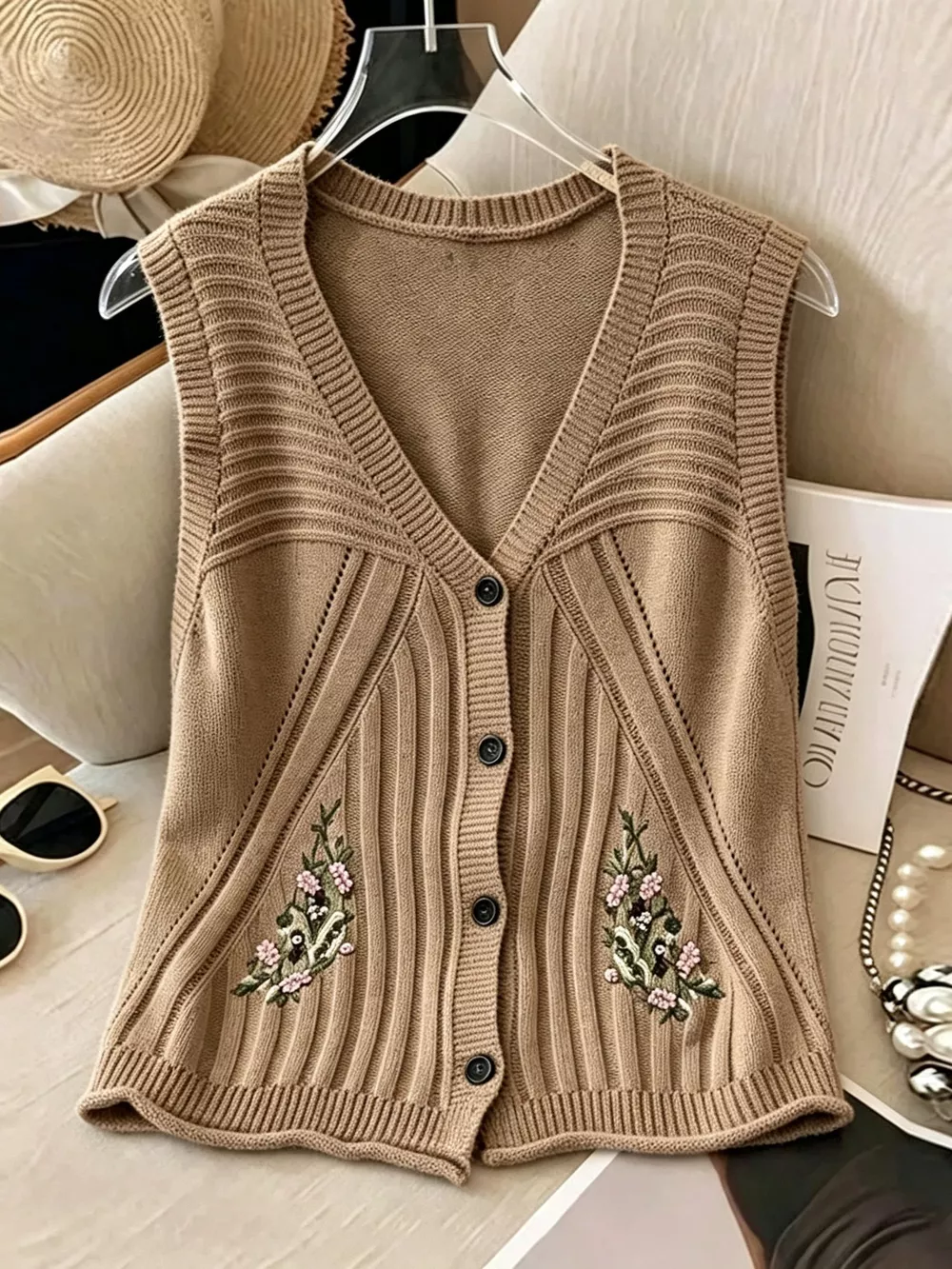 Floral Embroidered V-Neck Button-Down Sweater Vest, image 6