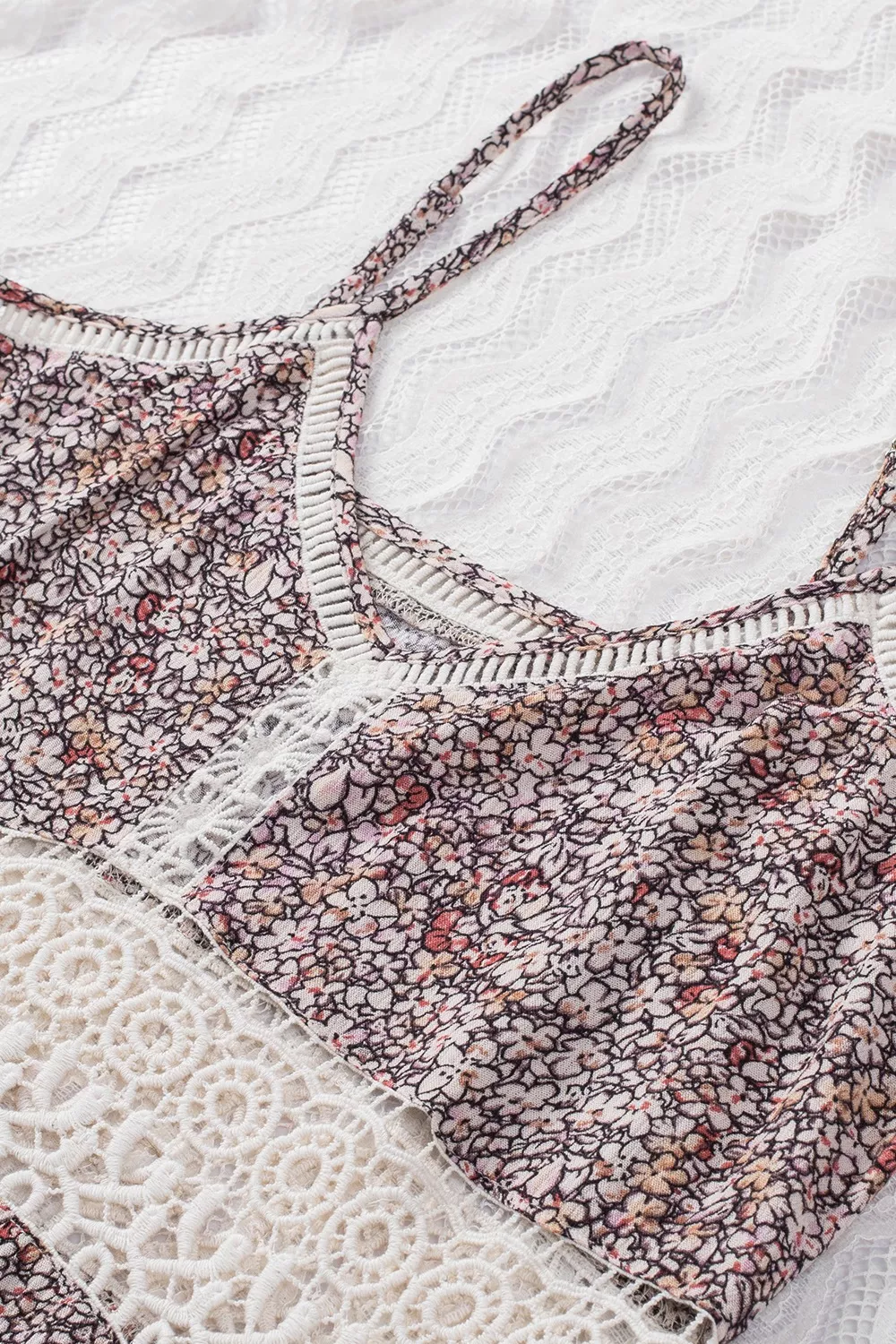 Floral Print Crochet Trim Cami with Spaghetti Straps, image 2