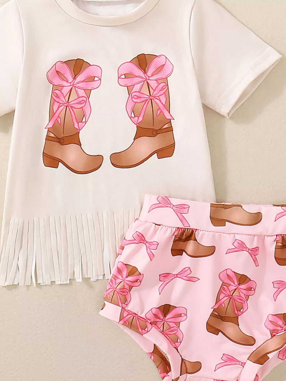 Children's Cow Floral Graphic Fringe Tee and Shorts Set with Headband, image 4