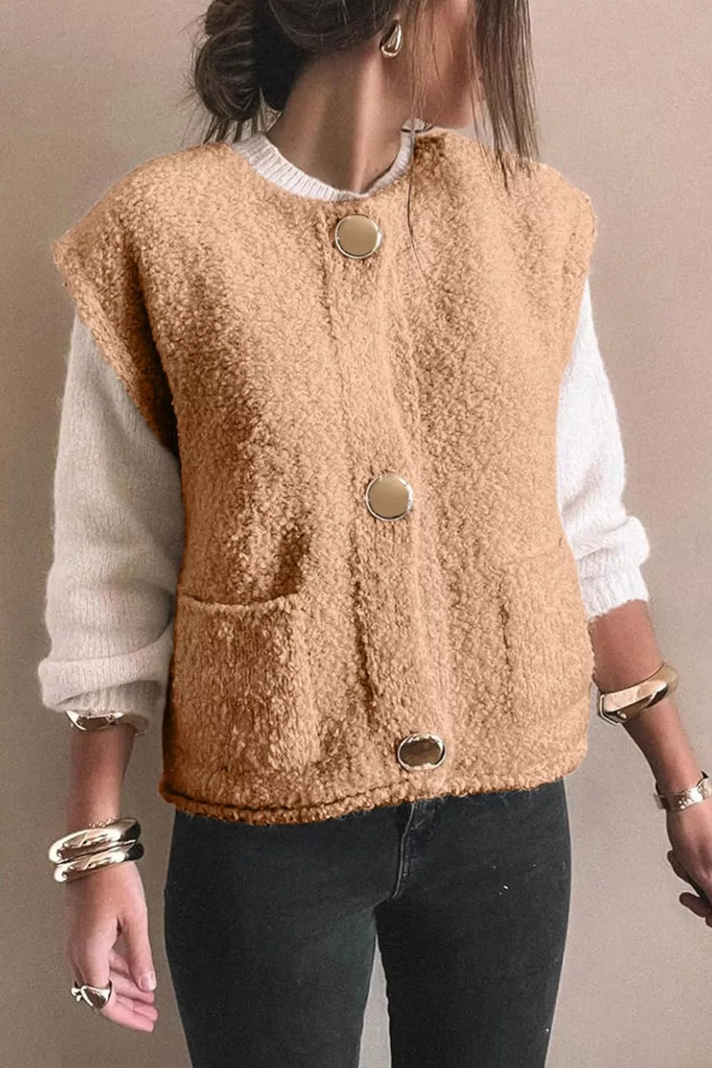 Fleece Button-Down Vest Coat