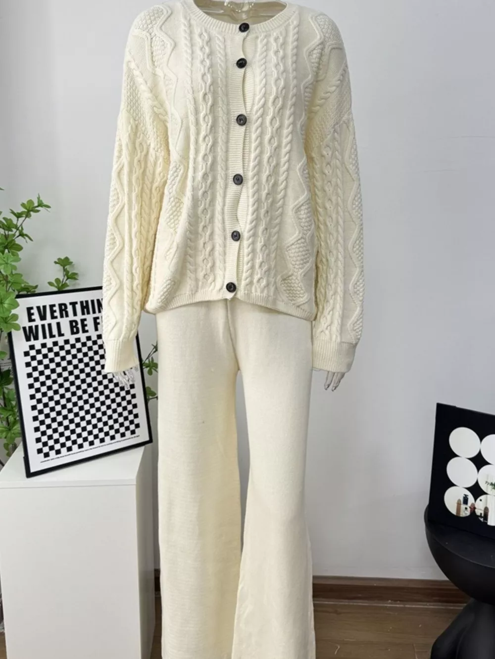 Cable Knit Cardigan & Wide Leg Pants Sweater Set, image 2