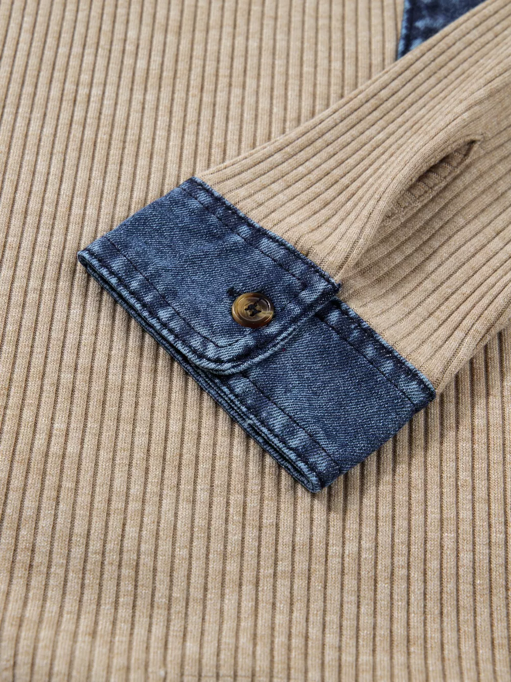 Ribbed Knit Denim Trim Button Detail Top, image 2