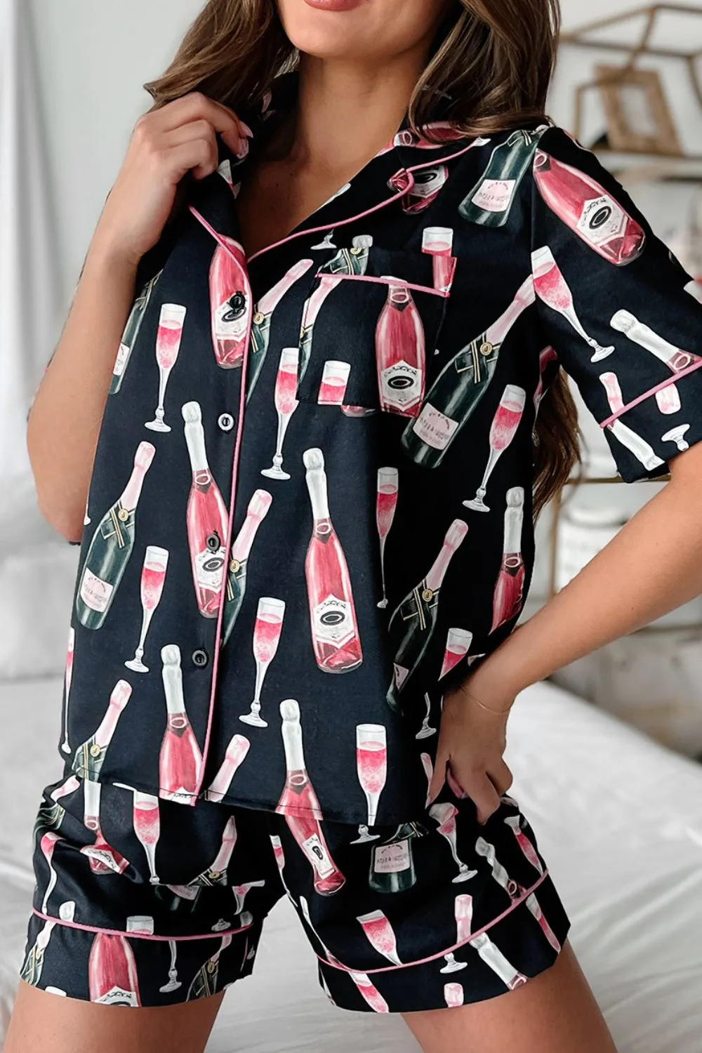Champagne Print Short Sleeve Top and Shorts Set, image 2
