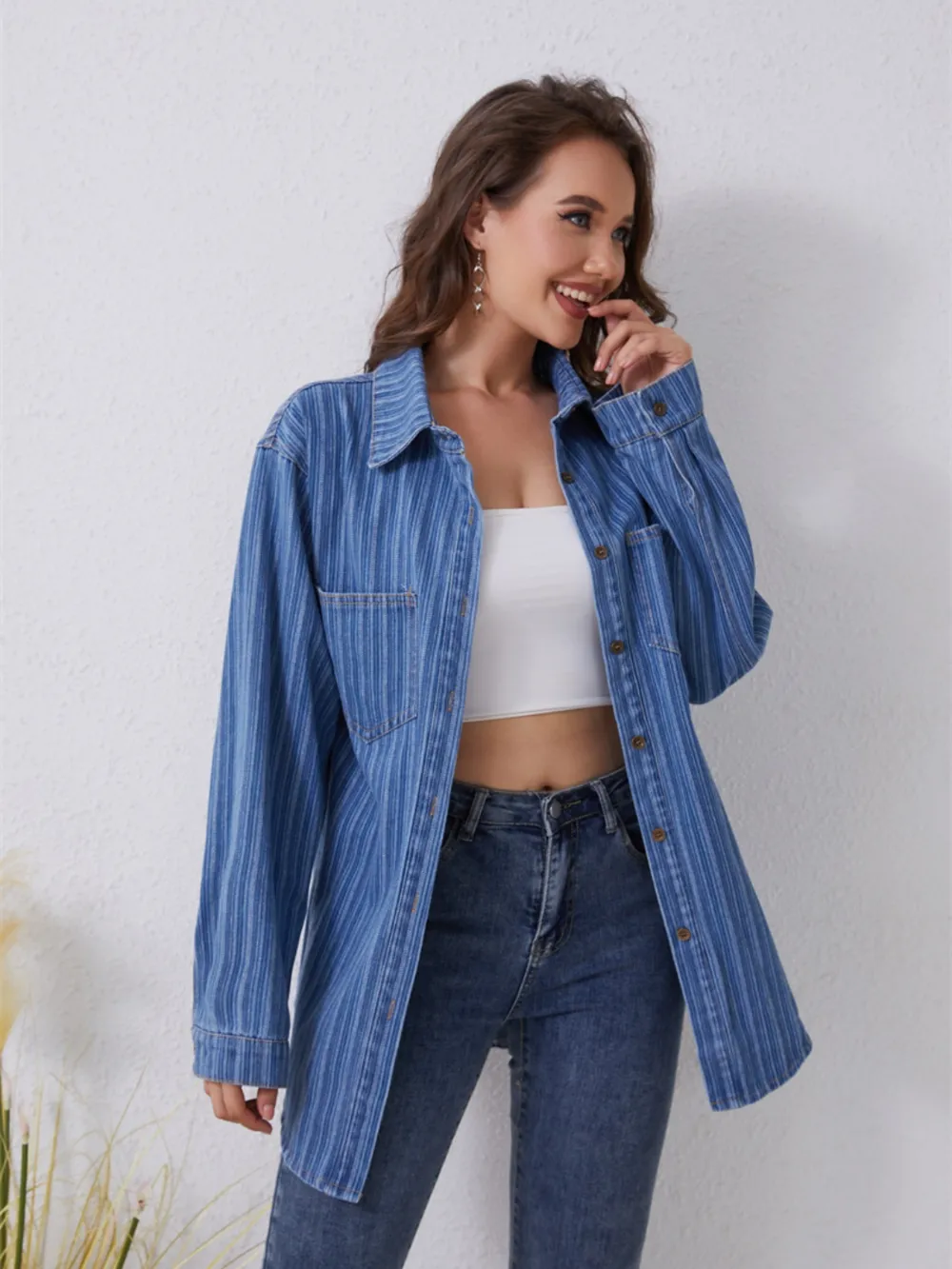 Pocketed Striped Button Up Denim Shirt, image 4