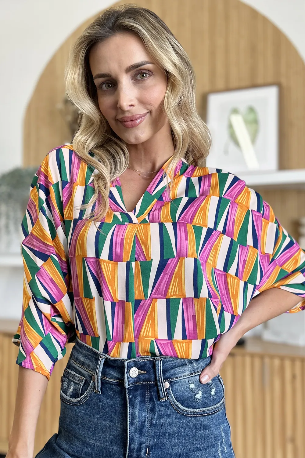 Full Size Geometric Notched Dolman Sleeve Top, image 7