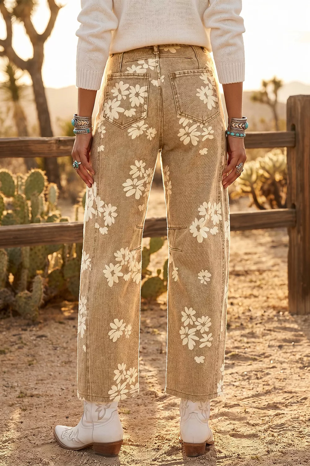 Floral Print Metal Button Pleated Straight Leg Jeans, image 5