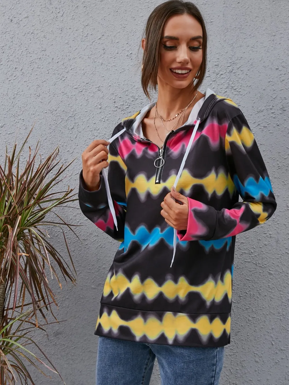 Contrast Quarter Zip Dropped Shoulder Hoodie, image 3