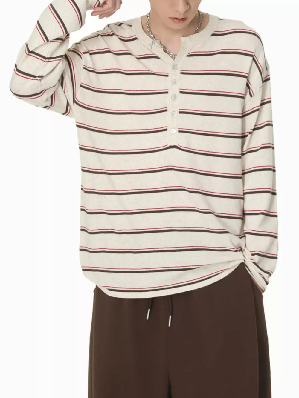 Men's Striped Button Detail Henley T-Shirt