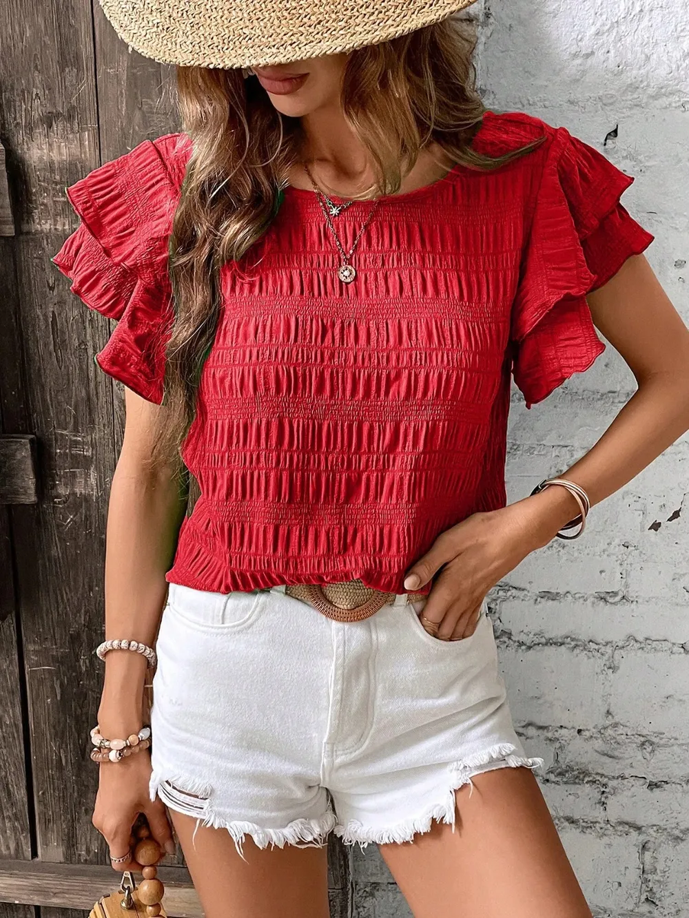 Round Neck Flounce Sleeve Blouse, image 3