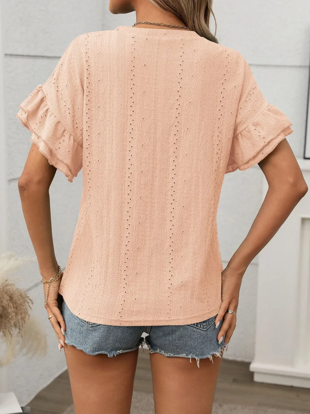 Eyelet Round Neck Flounce Sleeve Top, image 2