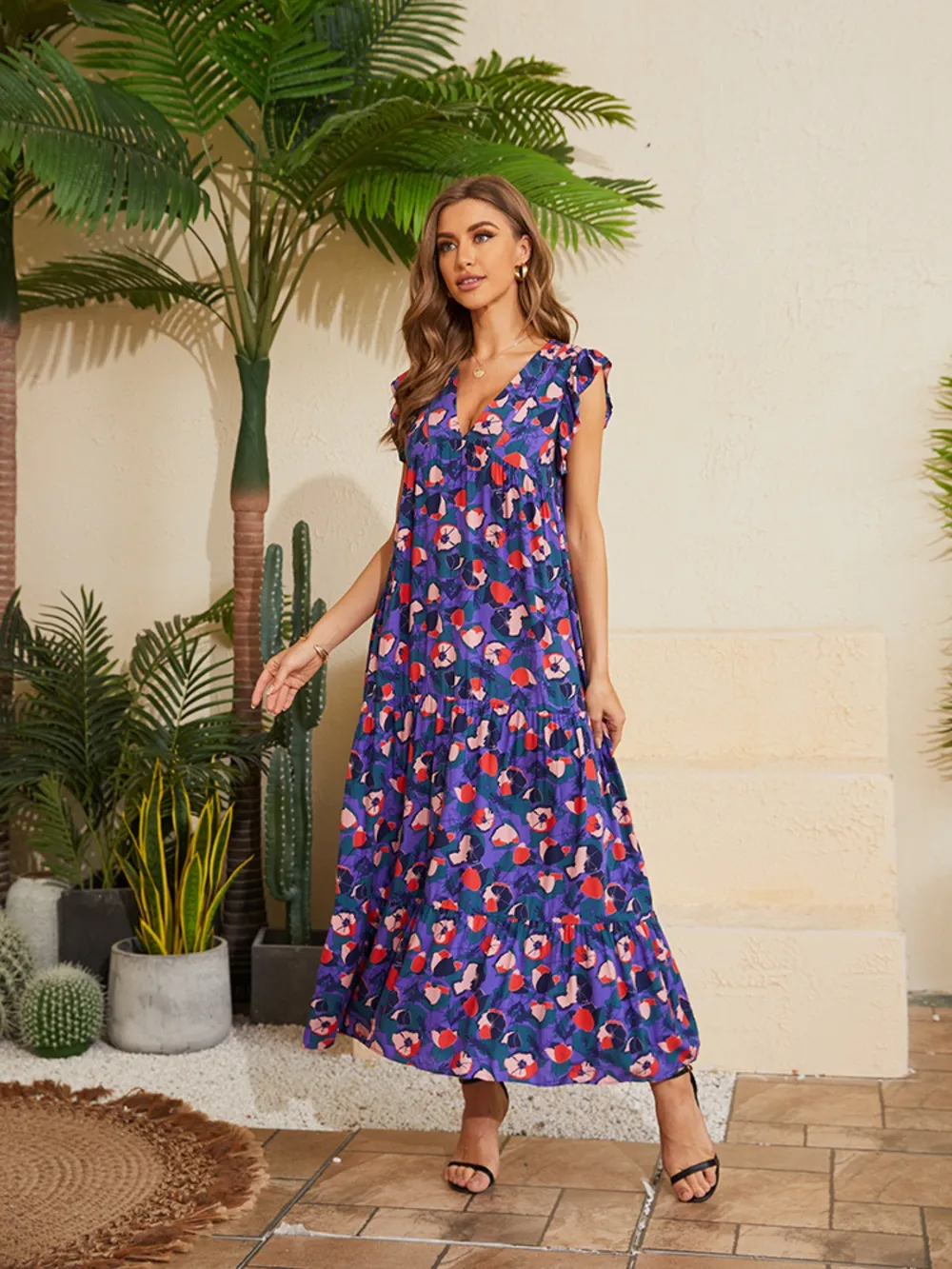 Floral V-Neck Cap Sleeve Summer Dress, image 10