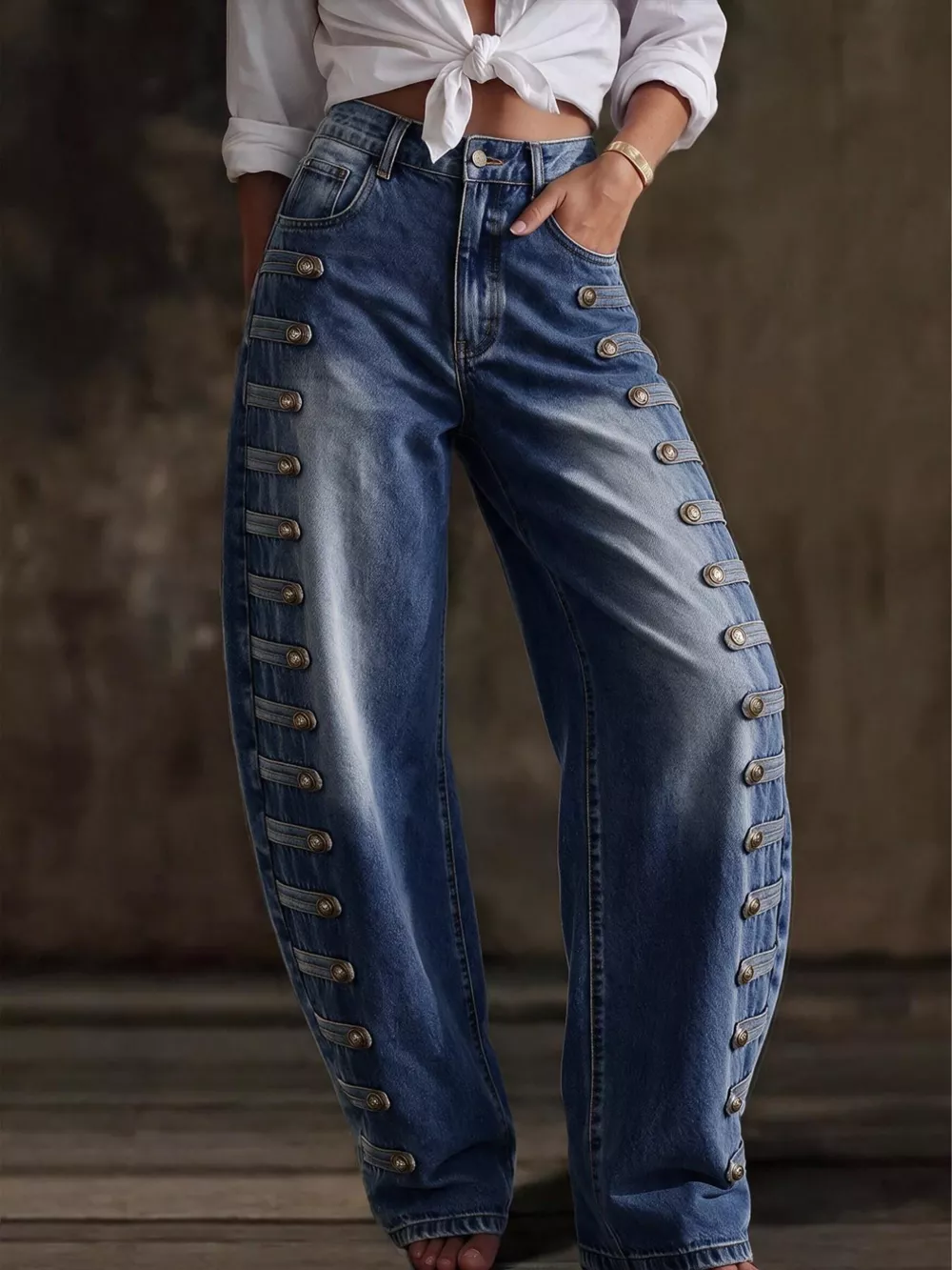 Decorative Button Wide Leg Jeans, image 3