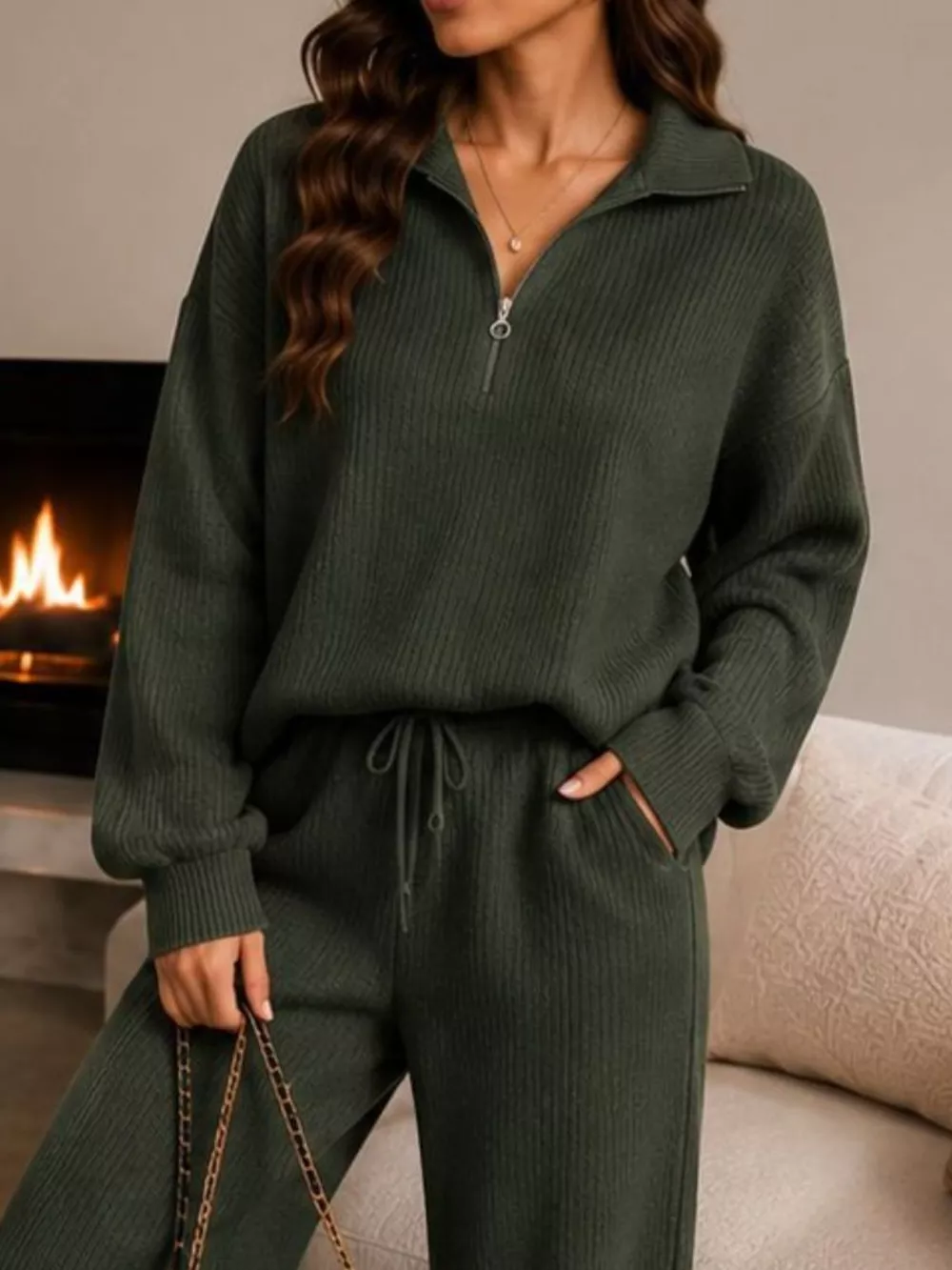 Cozy Ribbed Knit Quarter-Zip Top and Wide-Leg Set, image 16